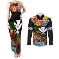 Hawaii Lei Day Couples Matching Tank Maxi Dress and Long Sleeve Button Shirt Hibiscus Wreath and Polynesian Pattern