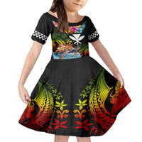 Hawaii Lei Day Family Matching Long Sleeve Bodycon Dress and Hawaiian Shirt Hibiscus Wreath and Polynesian Pattern LT03 Daughter's Dress Black - Polynesian Pride