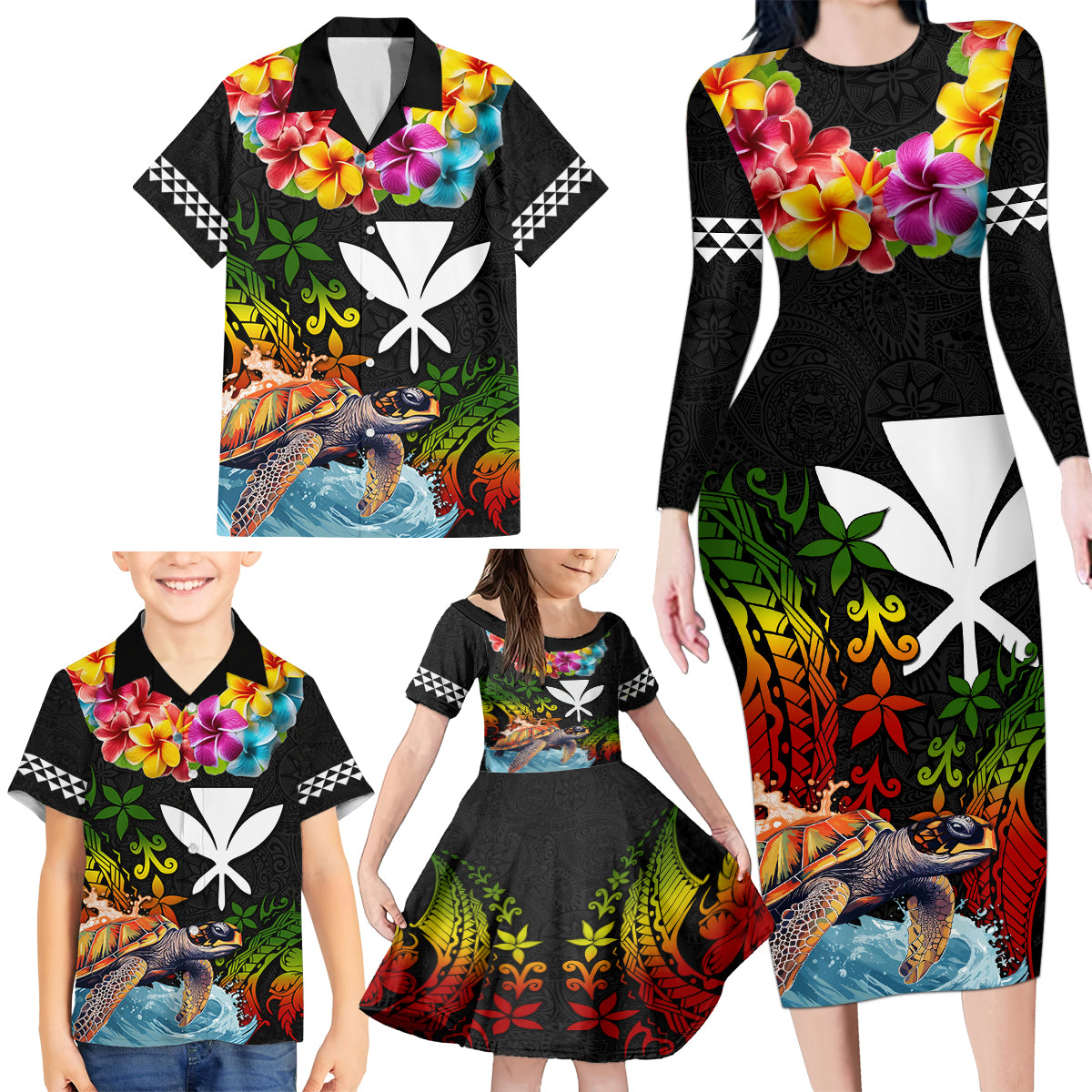 Hawaii Lei Day Family Matching Long Sleeve Bodycon Dress and Hawaiian Shirt Hibiscus Wreath and Polynesian Pattern LT03 - Polynesian Pride