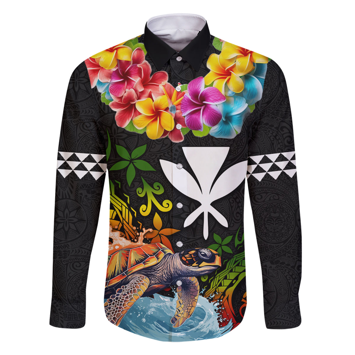 Hawaii Lei Day Family Matching Long Sleeve Bodycon Dress and Hawaiian Shirt Hibiscus Wreath and Polynesian Pattern LT03 Dad's Shirt - Long Sleeve Black - Polynesian Pride