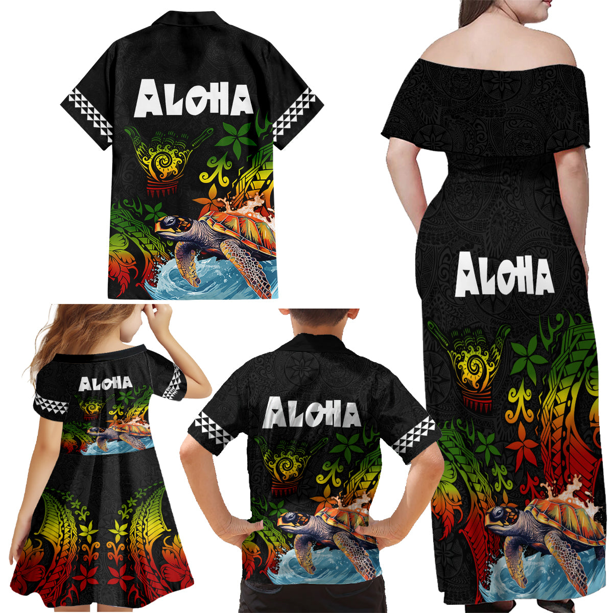 Hawaii Lei Day Family Matching Off Shoulder Maxi Dress and Hawaiian Shirt Hibiscus Wreath and Polynesian Pattern