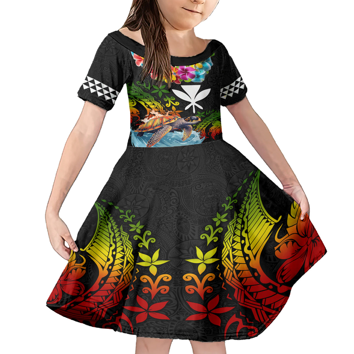 Hawaii Lei Day Family Matching Short Sleeve Bodycon Dress and Hawaiian Shirt Hibiscus Wreath and Polynesian Pattern LT03 Daughter's Dress Black - Polynesian Pride
