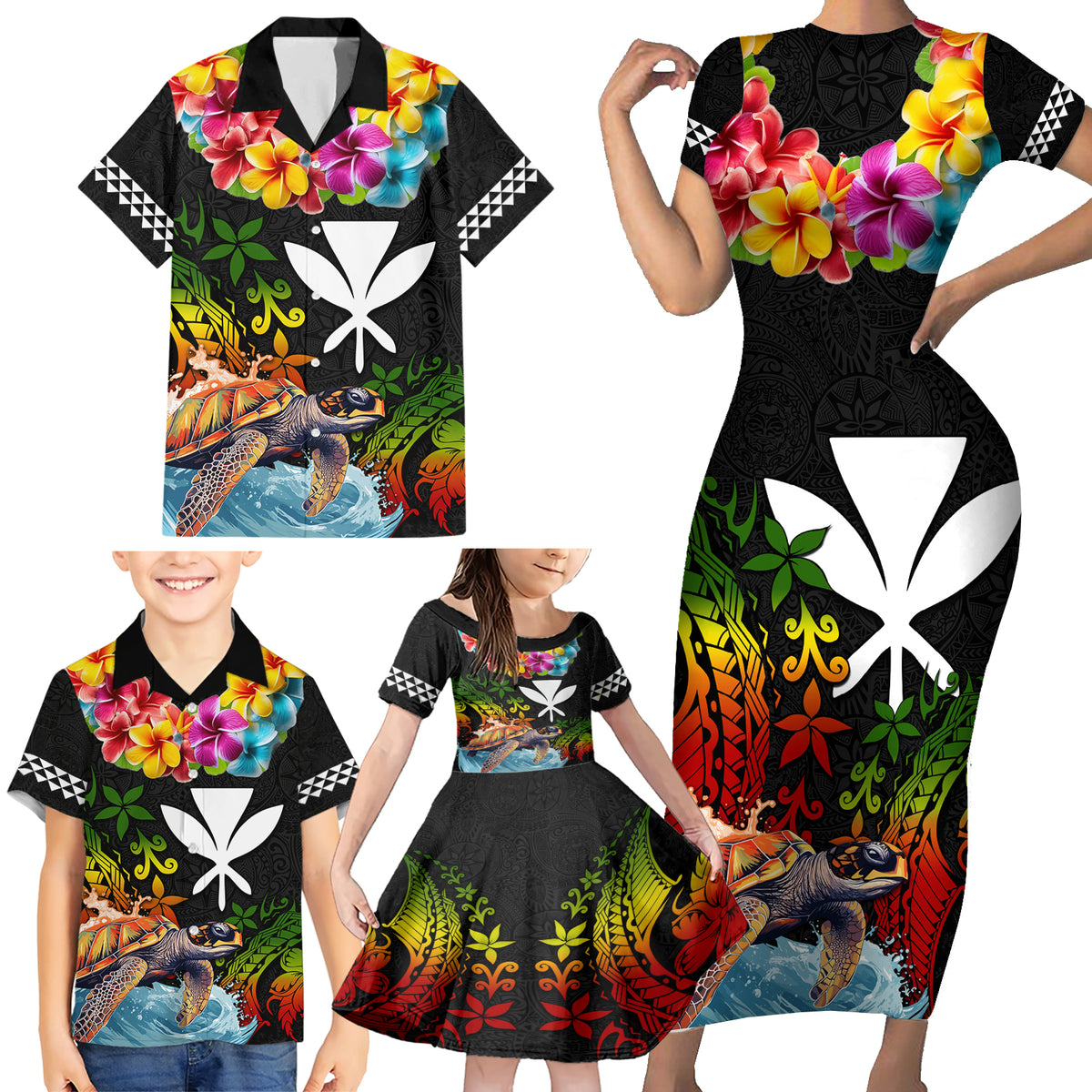 Hawaii Lei Day Family Matching Short Sleeve Bodycon Dress and Hawaiian Shirt Hibiscus Wreath and Polynesian Pattern LT03 - Polynesian Pride
