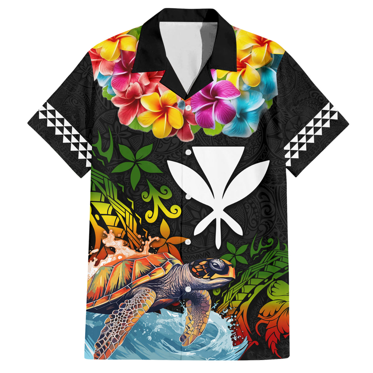 Hawaii Lei Day Family Matching Short Sleeve Bodycon Dress and Hawaiian Shirt Hibiscus Wreath and Polynesian Pattern LT03 Dad's Shirt - Short Sleeve Black - Polynesian Pride