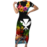 Hawaii Lei Day Family Matching Short Sleeve Bodycon Dress and Hawaiian Shirt Hibiscus Wreath and Polynesian Pattern LT03 Mom's Dress Black - Polynesian Pride