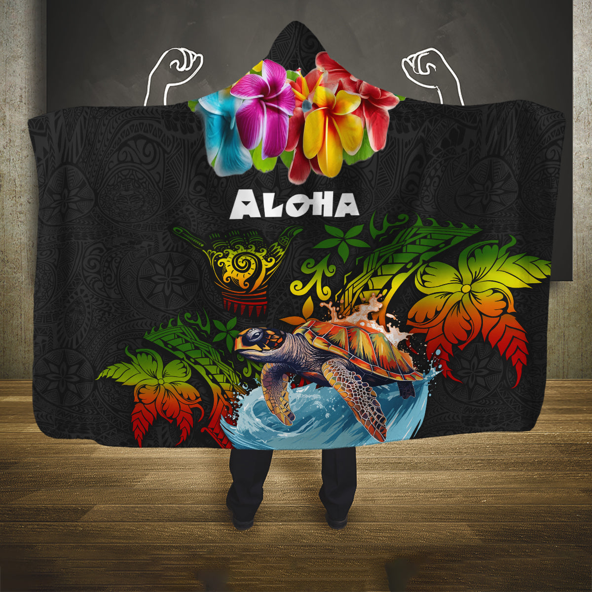 Hawaii Lei Day Hooded Blanket Hibiscus Wreath and Polynesian Pattern