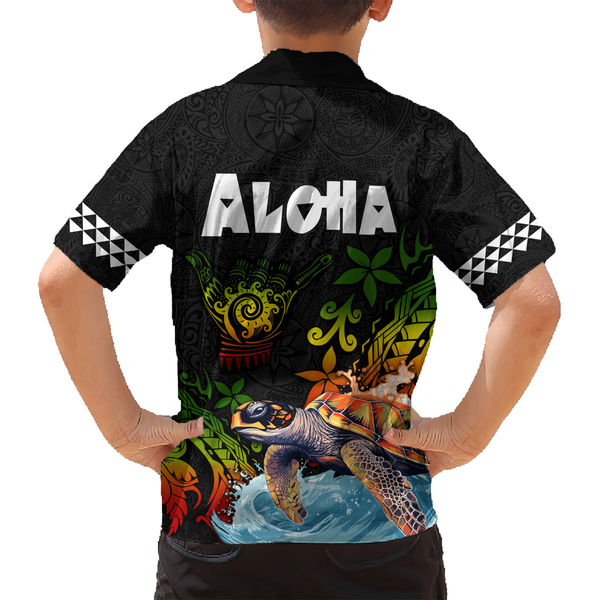Hawaii Lei Day Kid Hawaiian Shirt Hibiscus Wreath and Polynesian Pattern