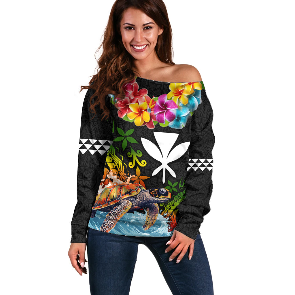 Hawaii Lei Day Off Shoulder Sweater Hibiscus Wreath and Polynesian Pattern