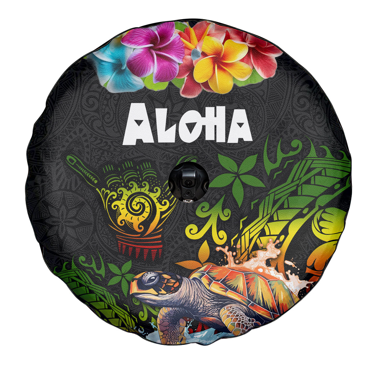 Hawaii Lei Day Spare Tire Cover Hibiscus Wreath and Polynesian Pattern
