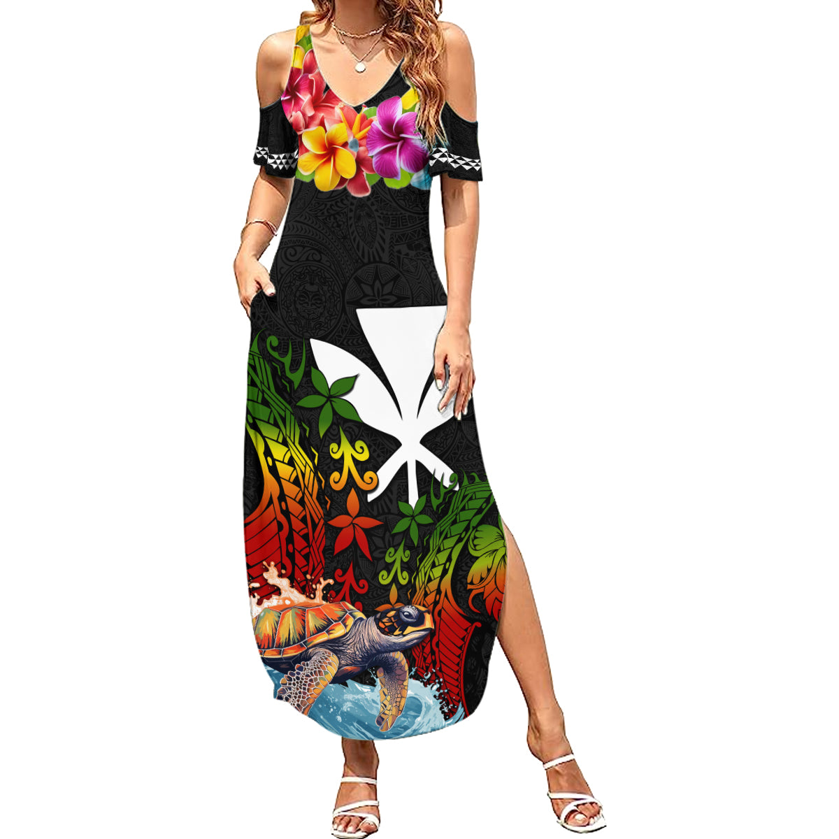 Hawaii Lei Day Summer Maxi Dress Hibiscus Wreath and Polynesian Pattern