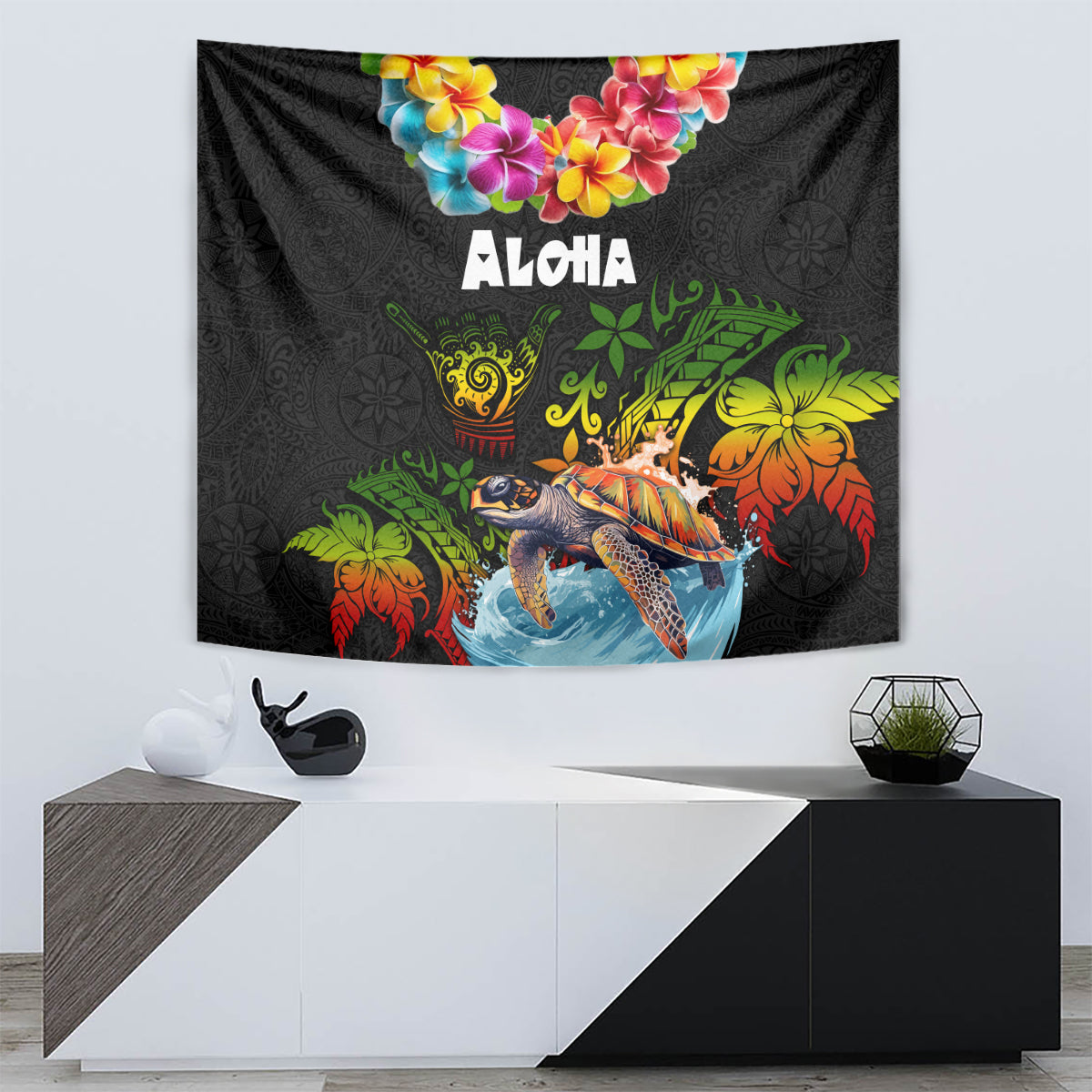 Hawaii Lei Day Tapestry Hibiscus Wreath and Polynesian Pattern