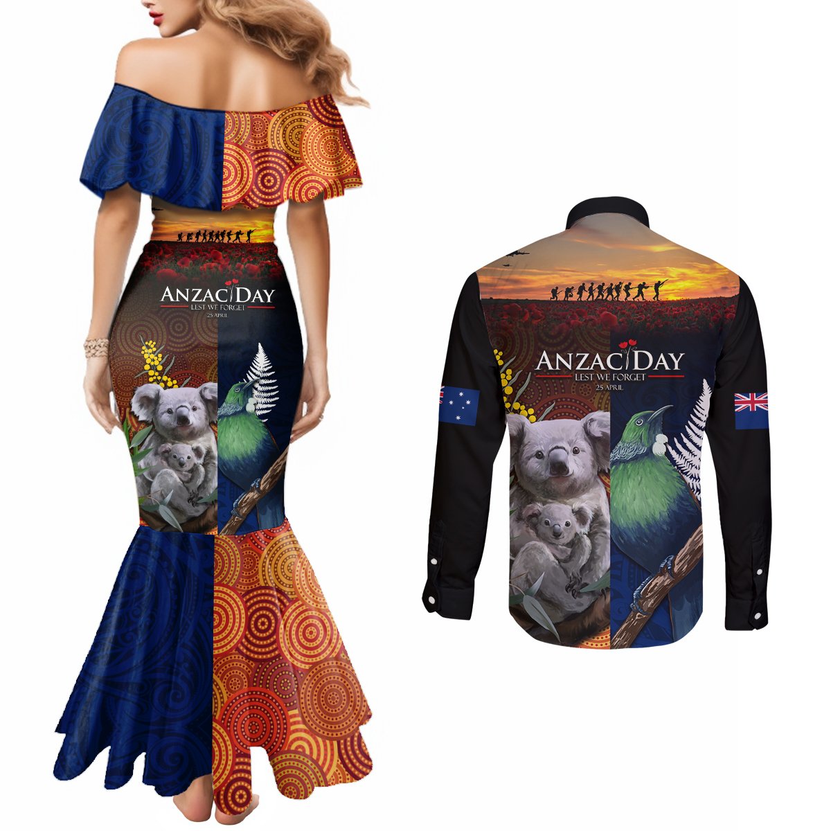 Australia and New Zealand ANZAC Day Couples Matching Mermaid Dress and Long Sleeve Button Shirt Tui Bird and Koala mix Maori and Aboriginal Pattern LT03 - Polynesian Pride