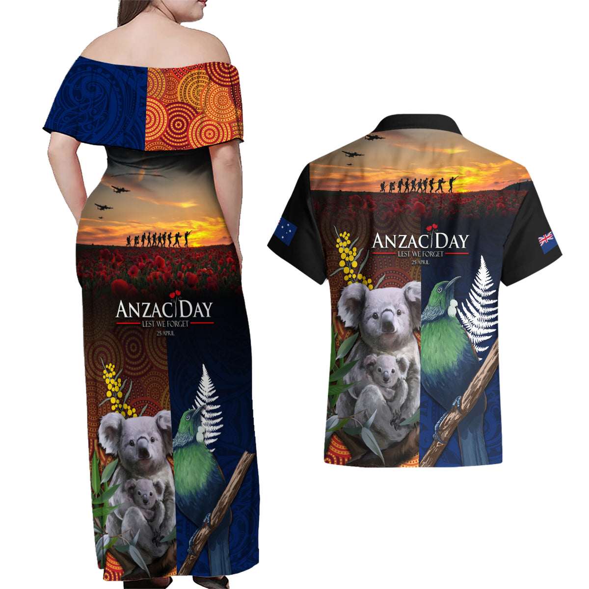 Australia and New Zealand ANZAC Day Couples Matching Off Shoulder Maxi Dress and Hawaiian Shirt Tui Bird and Koala mix Maori and Aboriginal Pattern LT03 - Polynesian Pride