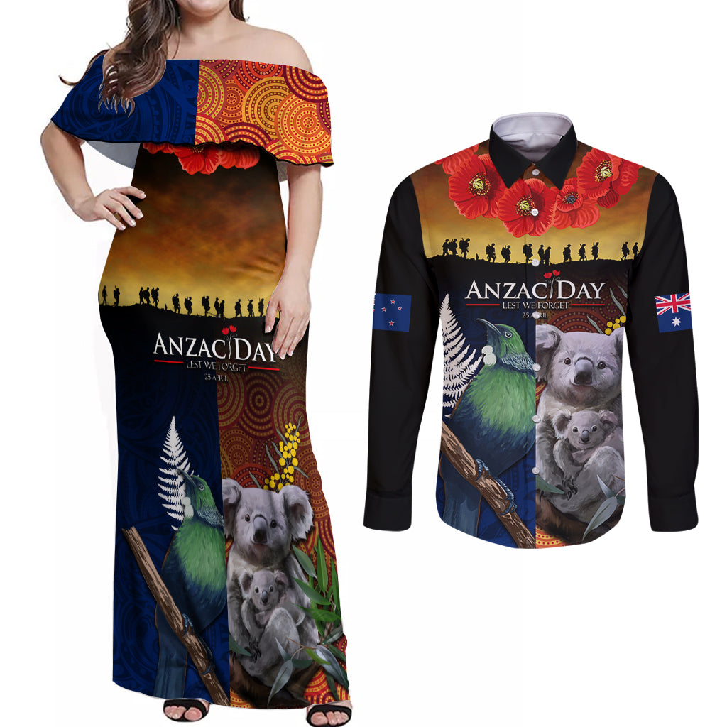 Australia and New Zealand ANZAC Day Couples Matching Off Shoulder Maxi Dress and Long Sleeve Button Shirt Tui Bird and Koala mix Maori and Aboriginal Pattern LT03 Black - Polynesian Pride