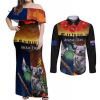 Australia and New Zealand ANZAC Day Couples Matching Off Shoulder Maxi Dress and Long Sleeve Button Shirt Tui Bird and Koala mix Maori and Aboriginal Pattern LT03 Black - Polynesian Pride