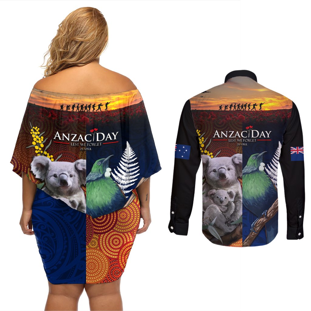 Australia and New Zealand ANZAC Day Couples Matching Off Shoulder Short Dress and Long Sleeve Button Shirt Tui Bird and Koala mix Maori and Aboriginal Pattern LT03 - Polynesian Pride