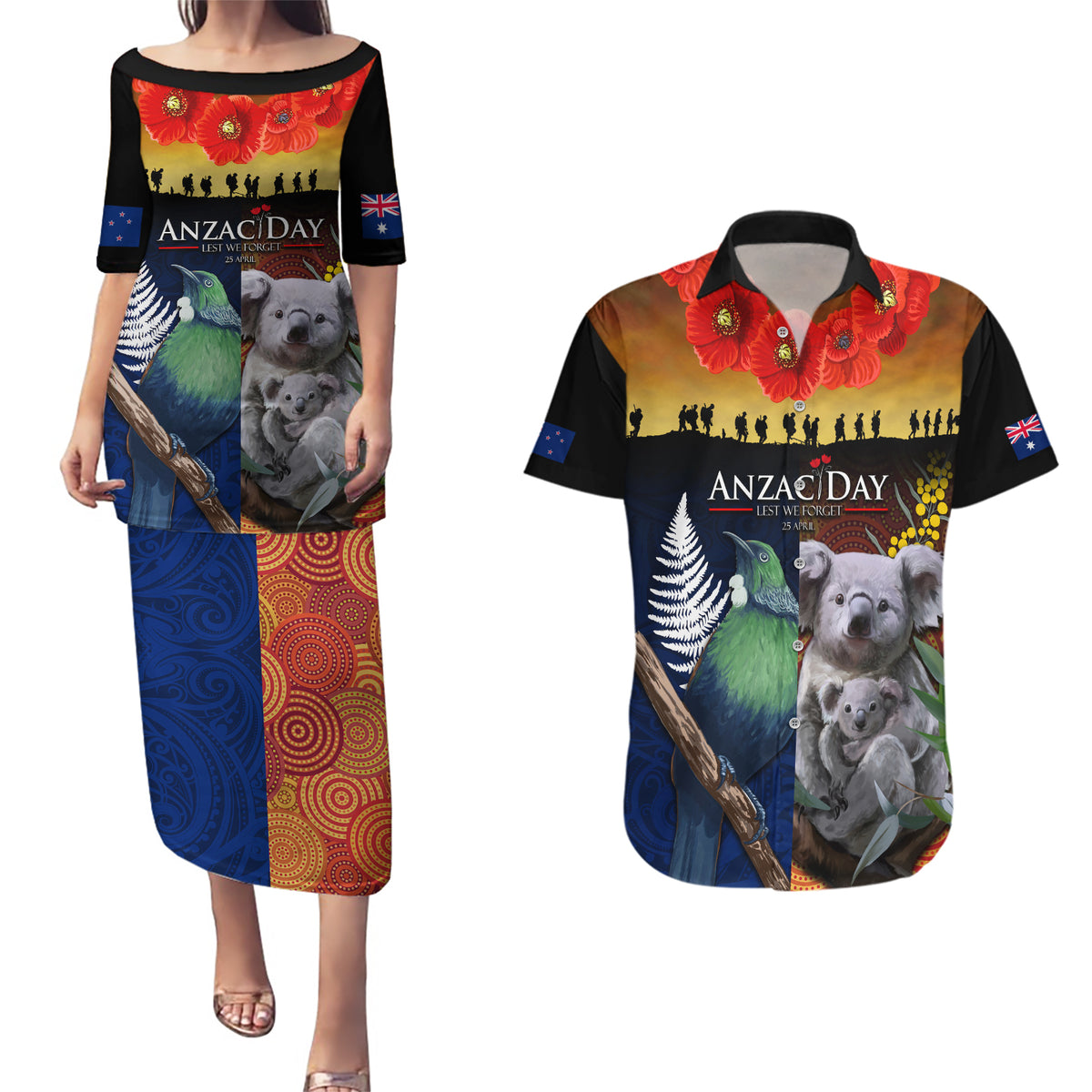 Australia and New Zealand ANZAC Day Couples Matching Puletasi and Hawaiian Shirt Tui Bird and Koala mix Maori and Aboriginal Pattern LT03 Black - Polynesian Pride