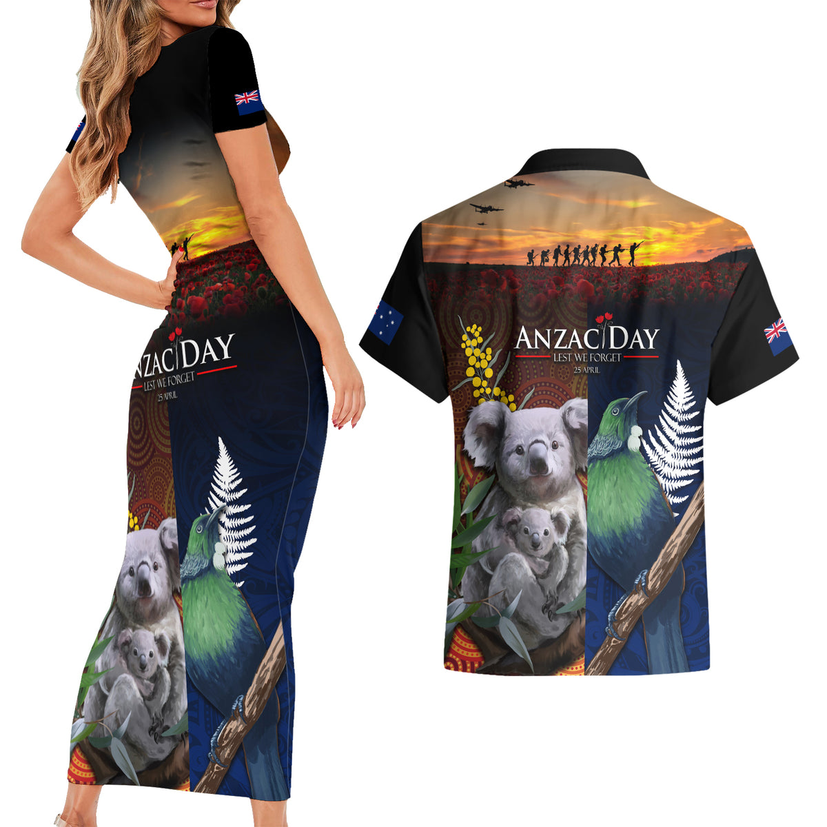 Australia and New Zealand ANZAC Day Couples Matching Short Sleeve Bodycon Dress and Hawaiian Shirt Tui Bird and Koala mix Maori and Aboriginal Pattern LT03 - Polynesian Pride
