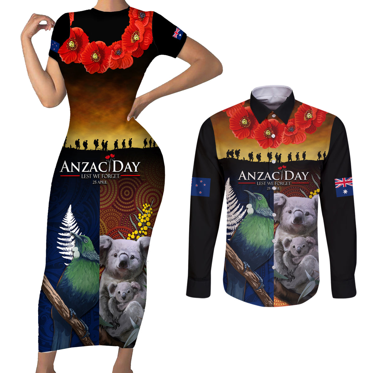 Australia and New Zealand ANZAC Day Couples Matching Short Sleeve Bodycon Dress and Long Sleeve Button Shirt Tui Bird and Koala mix Maori and Aboriginal Pattern LT03 Black - Polynesian Pride