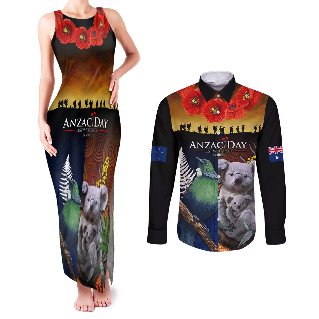 Australia and New Zealand ANZAC Day Couples Matching Tank Maxi Dress and Long Sleeve Button Shirt Tui Bird and Koala mix Maori and Aboriginal Pattern LT03 Black - Polynesian Pride