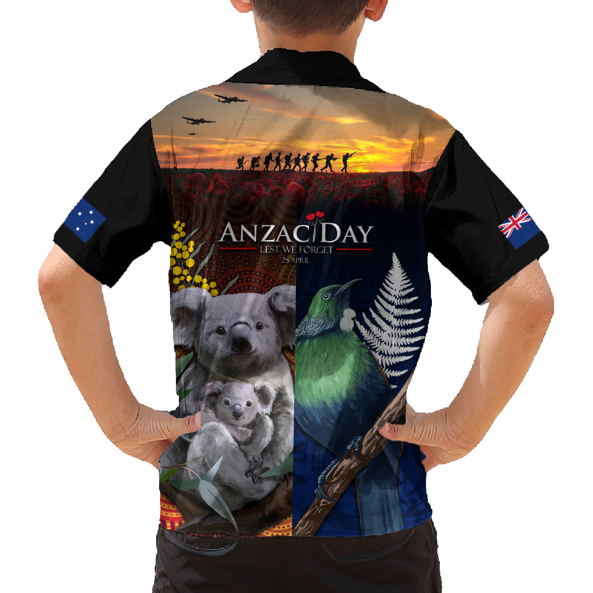 Australia and New Zealand ANZAC Day Family Matching Long Sleeve Bodycon Dress and Hawaiian Shirt Tui Bird and Koala mix Maori and Aboriginal Pattern LT03 - Polynesian Pride