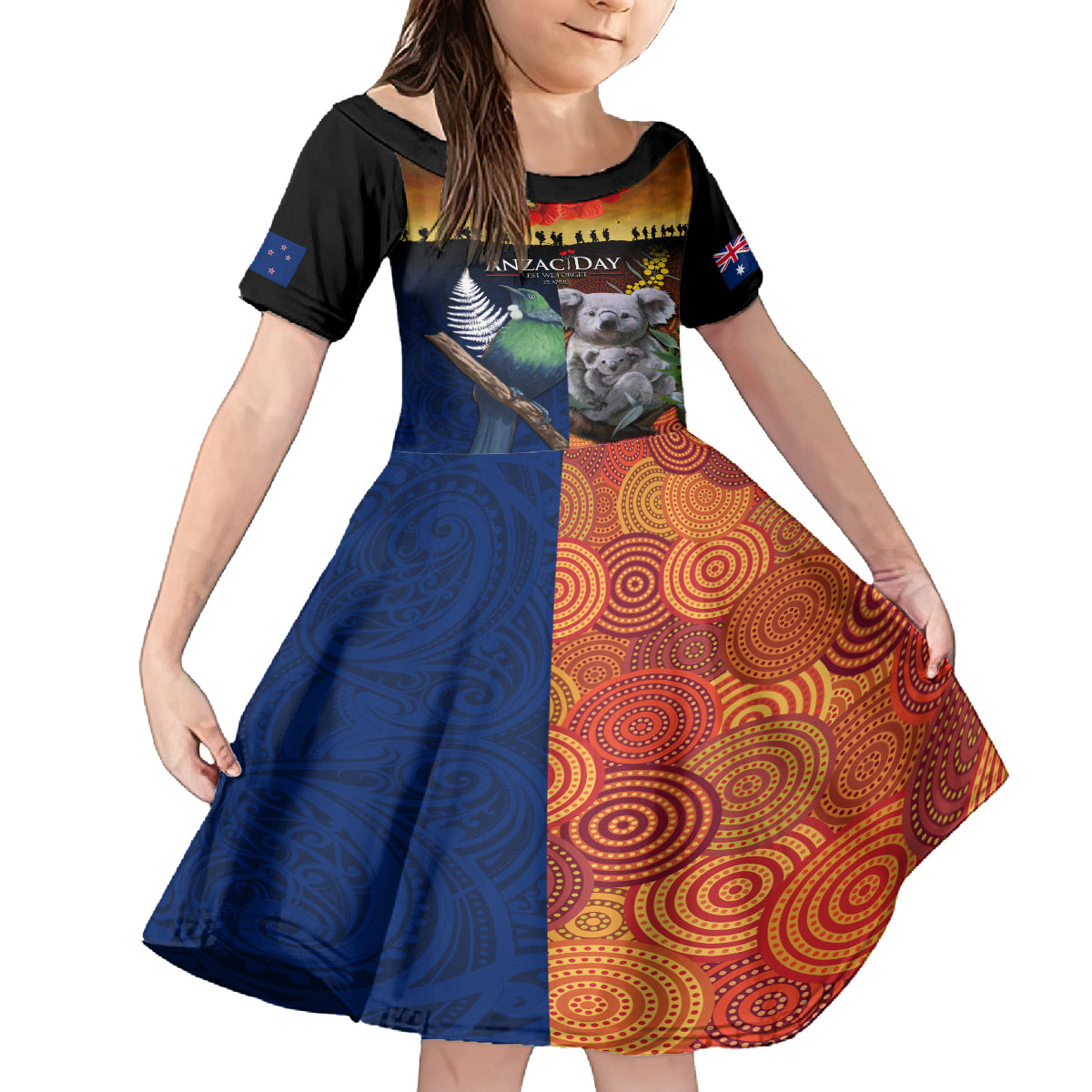 Australia and New Zealand ANZAC Day Family Matching Long Sleeve Bodycon Dress and Hawaiian Shirt Tui Bird and Koala mix Maori and Aboriginal Pattern LT03 Daughter's Dress Black - Polynesian Pride