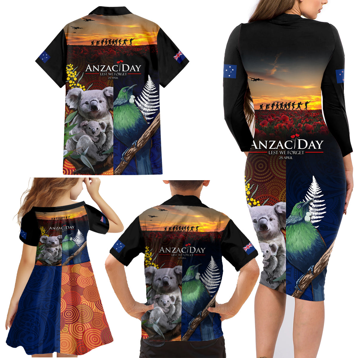Australia and New Zealand ANZAC Day Family Matching Long Sleeve Bodycon Dress and Hawaiian Shirt Tui Bird and Koala mix Maori and Aboriginal Pattern LT03 - Polynesian Pride