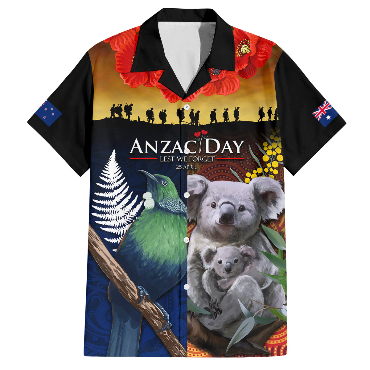 Australia and New Zealand ANZAC Day Family Matching Long Sleeve Bodycon Dress and Hawaiian Shirt Tui Bird and Koala mix Maori and Aboriginal Pattern LT03 Dad's Shirt - Short Sleeve Black - Polynesian Pride
