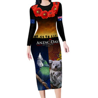 Australia and New Zealand ANZAC Day Family Matching Long Sleeve Bodycon Dress and Hawaiian Shirt Tui Bird and Koala mix Maori and Aboriginal Pattern LT03 Mom's Dress Black - Polynesian Pride