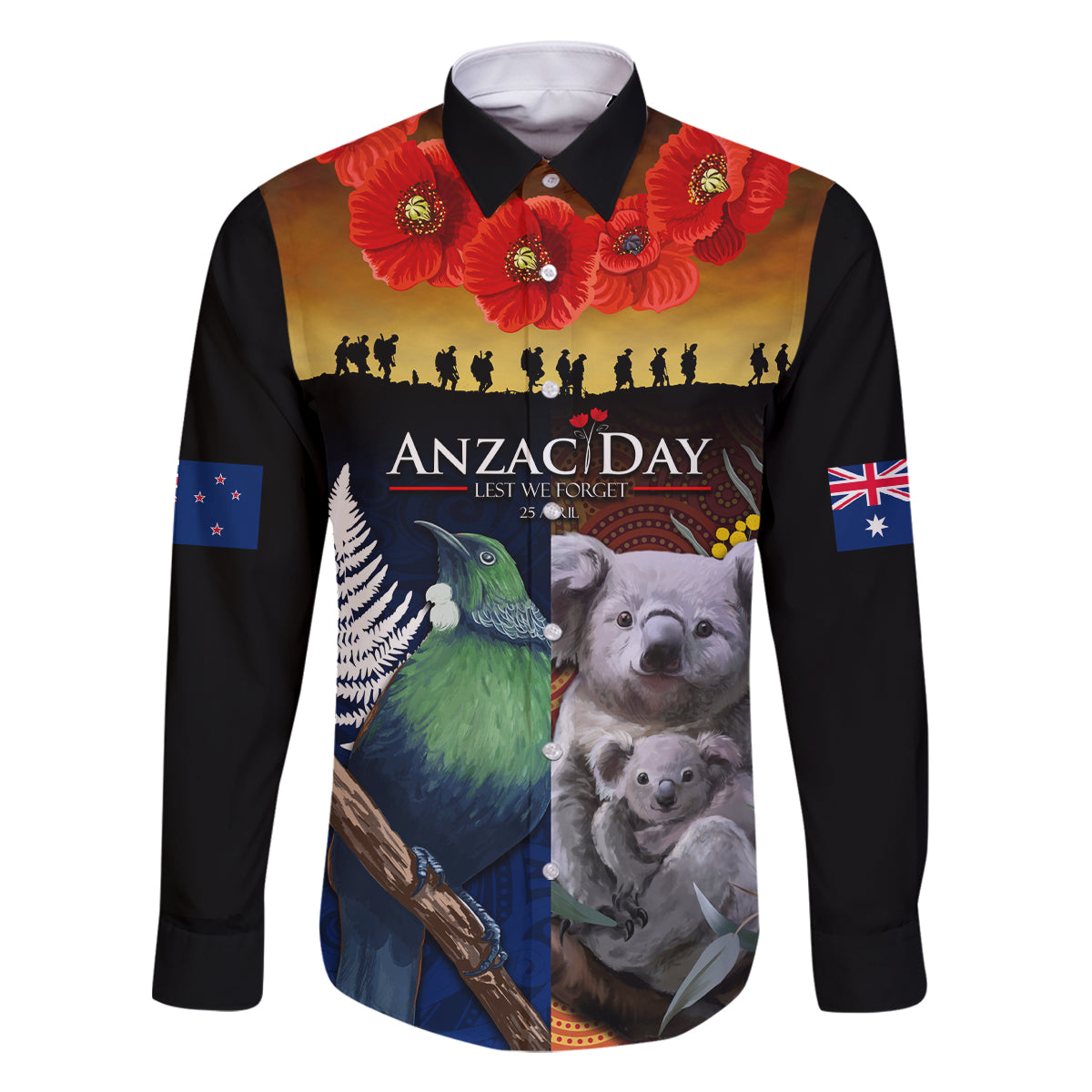 Australia and New Zealand ANZAC Day Family Matching Mermaid Dress and Hawaiian Shirt Tui Bird and Koala mix Maori and Aboriginal Pattern LT03 Dad's Shirt - Long Sleeve Black - Polynesian Pride