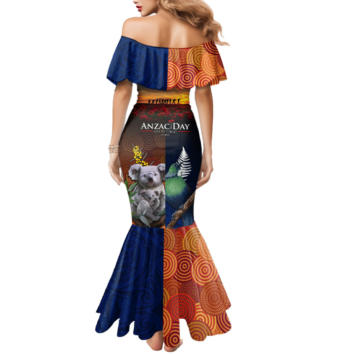 Australia and New Zealand ANZAC Day Family Matching Mermaid Dress and Hawaiian Shirt Tui Bird and Koala mix Maori and Aboriginal Pattern LT03 - Polynesian Pride