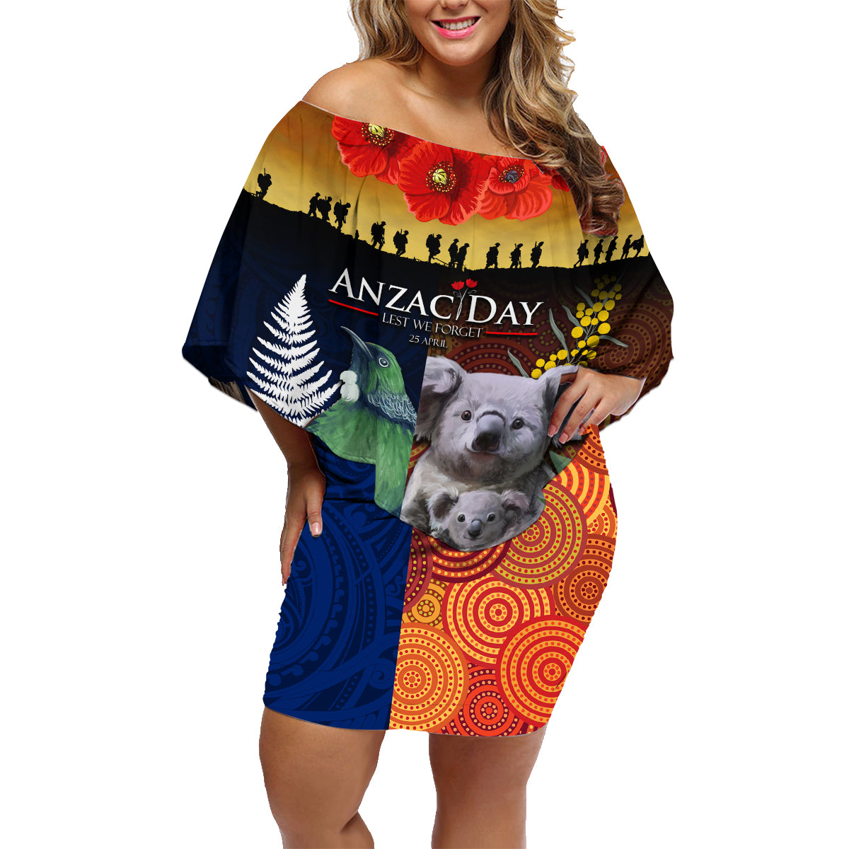 Australia and New Zealand ANZAC Day Family Matching Off Shoulder Short Dress and Hawaiian Shirt Tui Bird and Koala mix Maori and Aboriginal Pattern