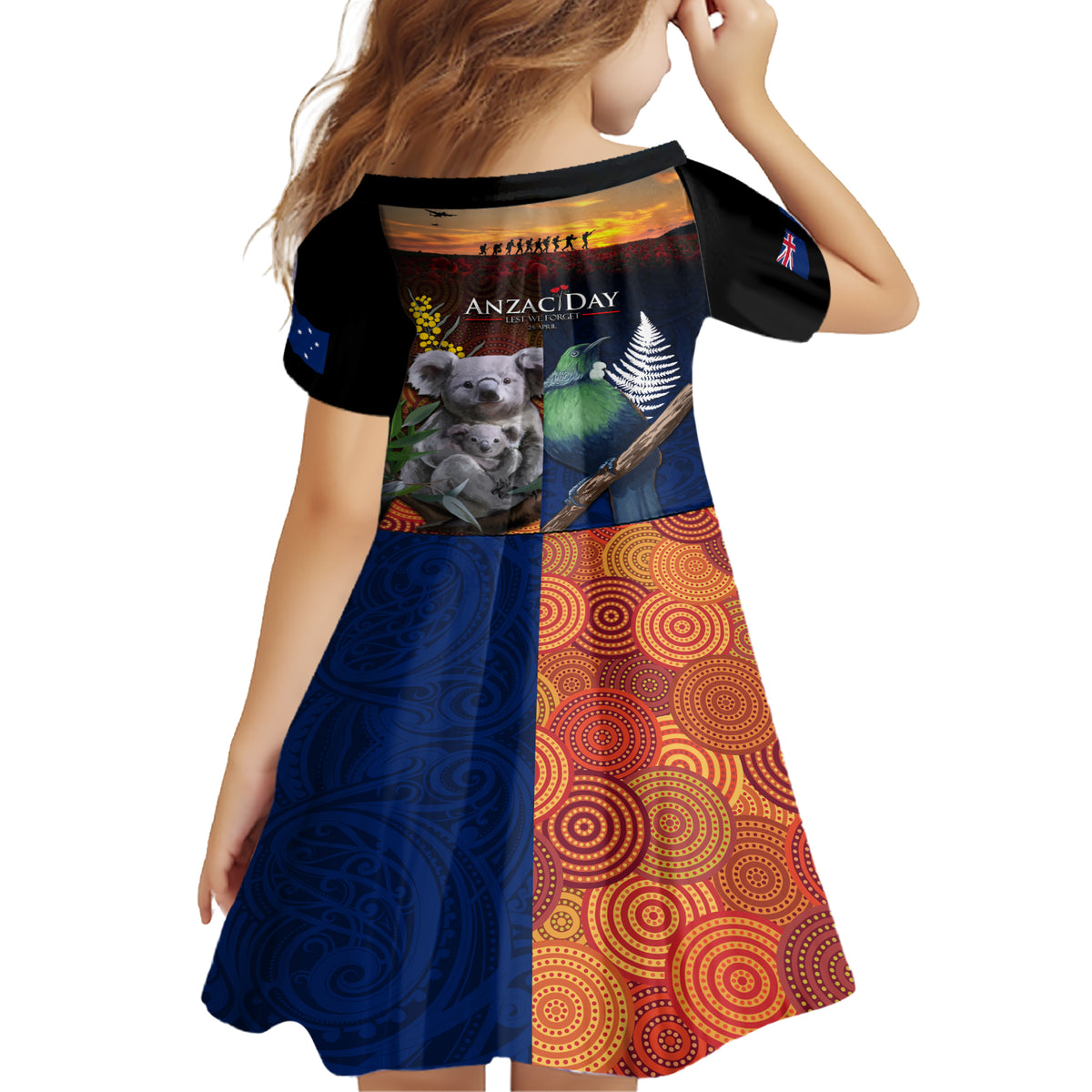 Australia and New Zealand ANZAC Day Family Matching Short Sleeve Bodycon Dress and Hawaiian Shirt Tui Bird and Koala mix Maori and Aboriginal Pattern LT03 - Polynesian Pride
