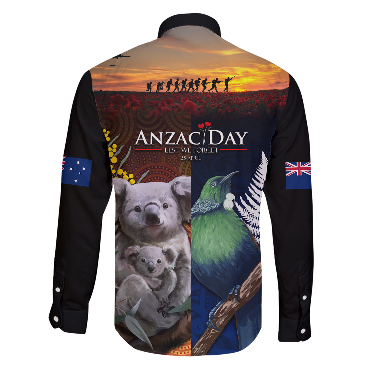 Australia and New Zealand ANZAC Day Family Matching Short Sleeve Bodycon Dress and Hawaiian Shirt Tui Bird and Koala mix Maori and Aboriginal Pattern LT03 - Polynesian Pride