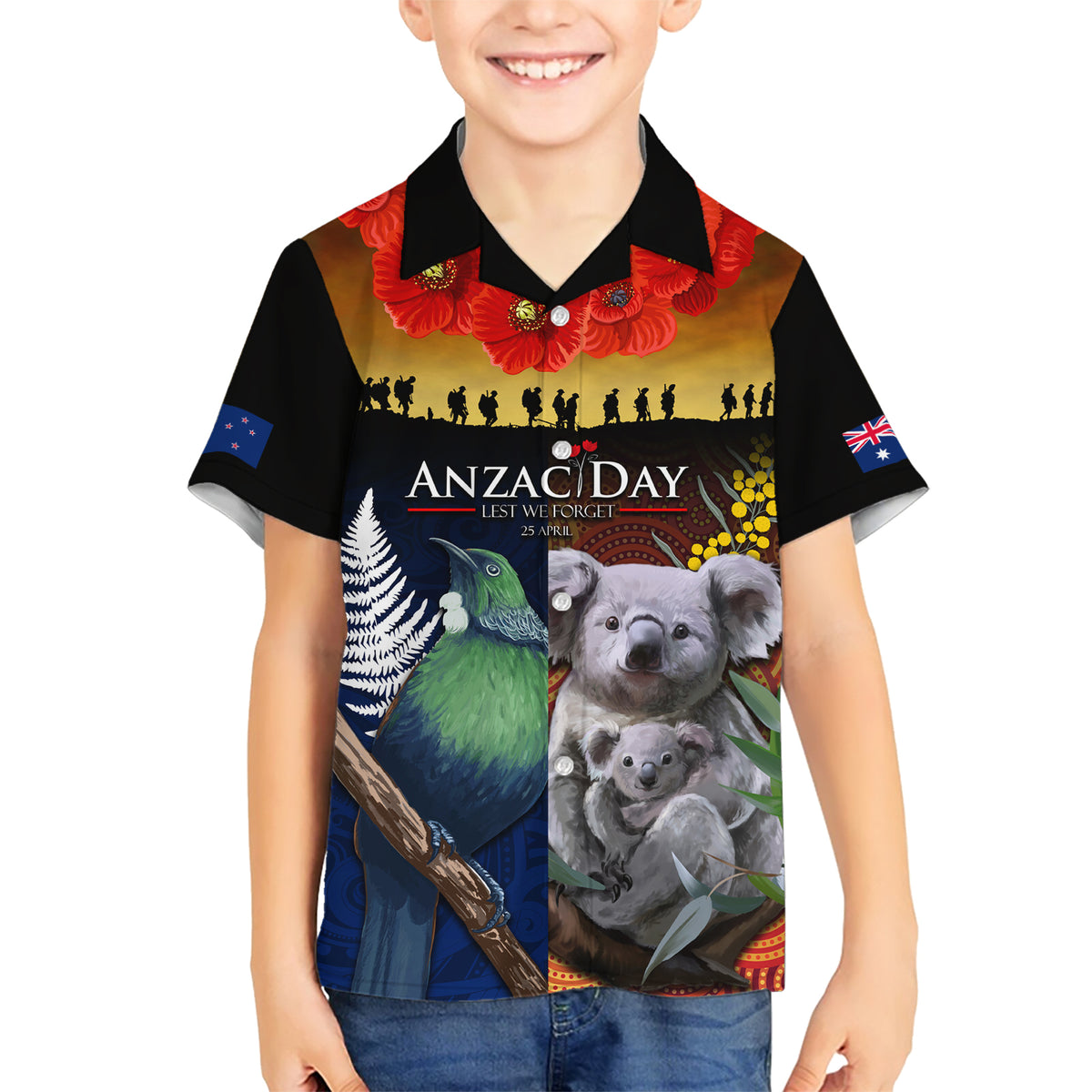 Australia and New Zealand ANZAC Day Family Matching Short Sleeve Bodycon Dress and Hawaiian Shirt Tui Bird and Koala mix Maori and Aboriginal Pattern LT03 Son's Shirt Black - Polynesian Pride