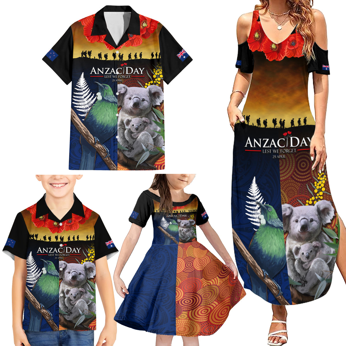 Australia and New Zealand ANZAC Day Family Matching Summer Maxi Dress and Hawaiian Shirt Tui Bird and Koala mix Maori and Aboriginal Pattern LT03 - Polynesian Pride