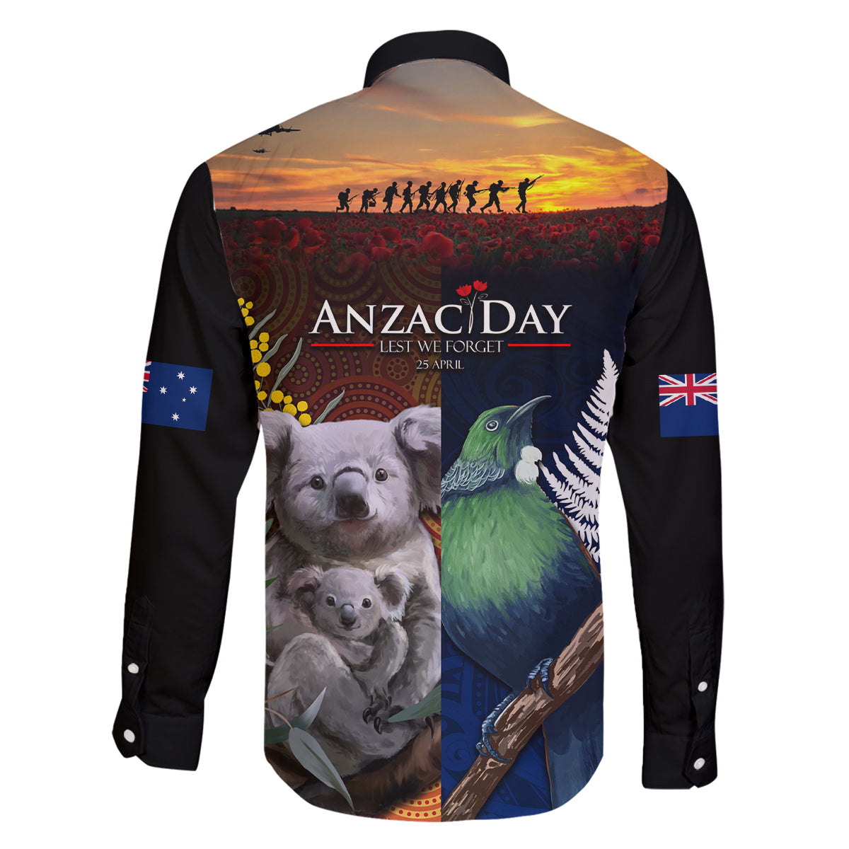 Australia and New Zealand ANZAC Day Family Matching Summer Maxi Dress and Hawaiian Shirt Tui Bird and Koala mix Maori and Aboriginal Pattern LT03 - Polynesian Pride