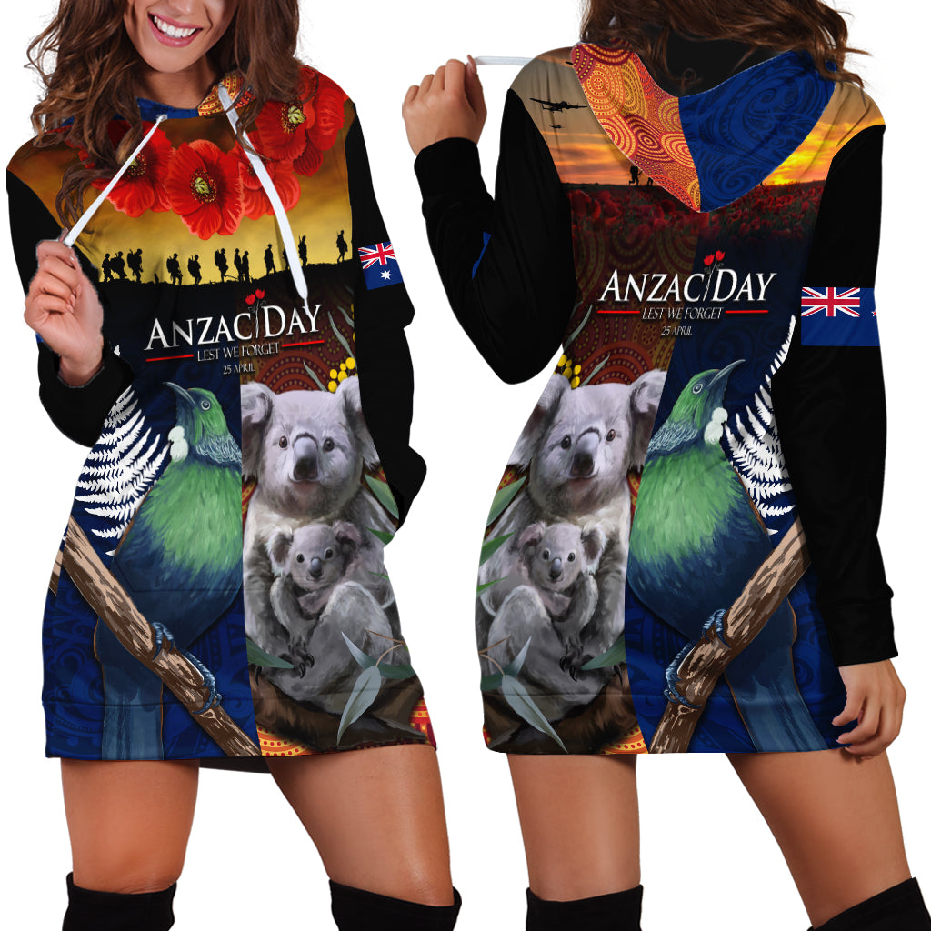 Australia and New Zealand ANZAC Day Hoodie Dress Tui Bird and Koala mix Maori and Aboriginal Pattern LT03 - Polynesian Pride