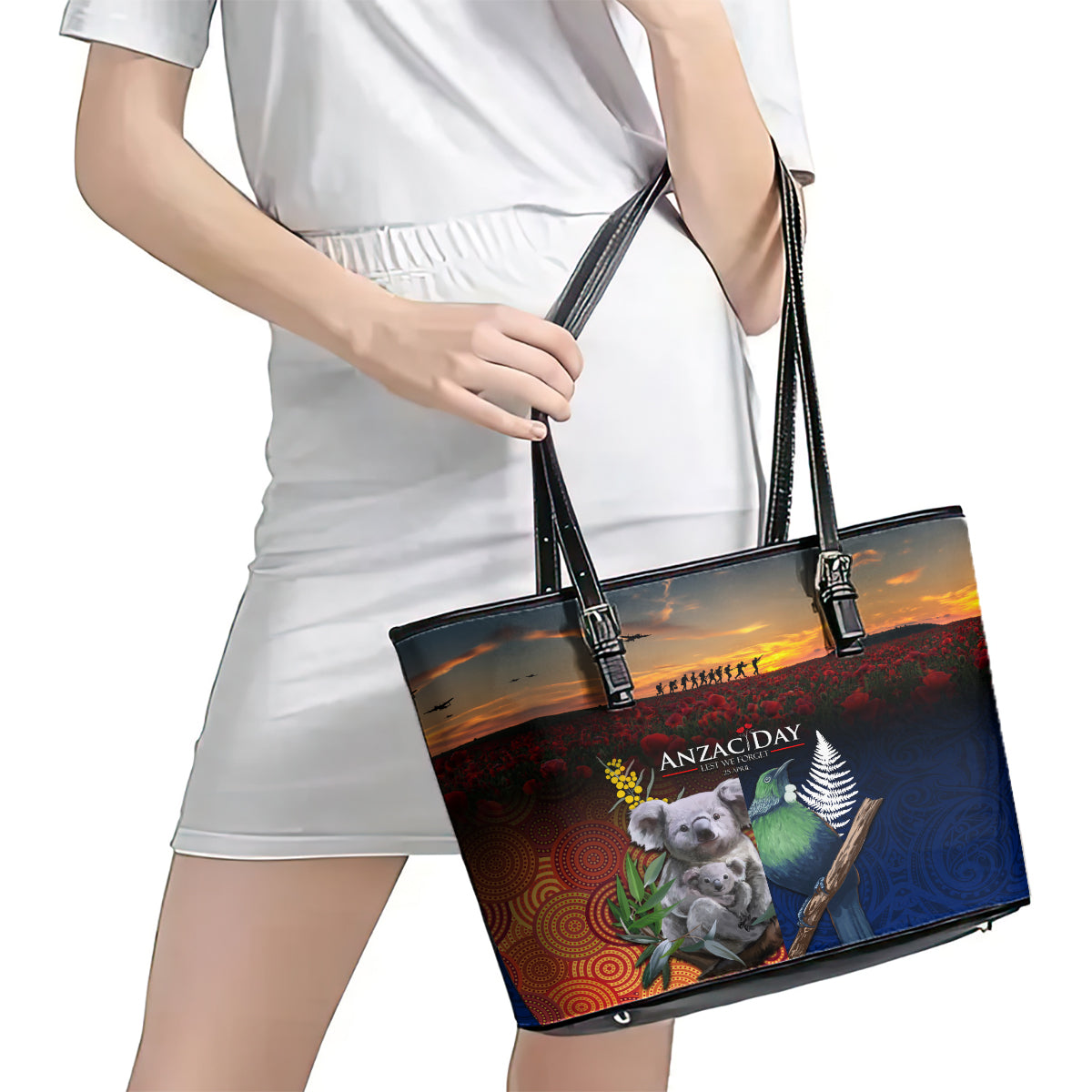 Australia and New Zealand ANZAC Day Leather Tote Bag Tui Bird and Koala mix Maori and Aboriginal Pattern