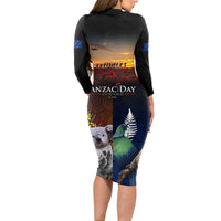 Australia and New Zealand ANZAC Day Long Sleeve Bodycon Dress Tui Bird and Koala mix Maori and Aboriginal Pattern LT03 - Polynesian Pride
