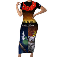 Australia and New Zealand ANZAC Day Short Sleeve Bodycon Dress Tui Bird and Koala mix Maori and Aboriginal Pattern LT03 Long Dress Black - Polynesian Pride