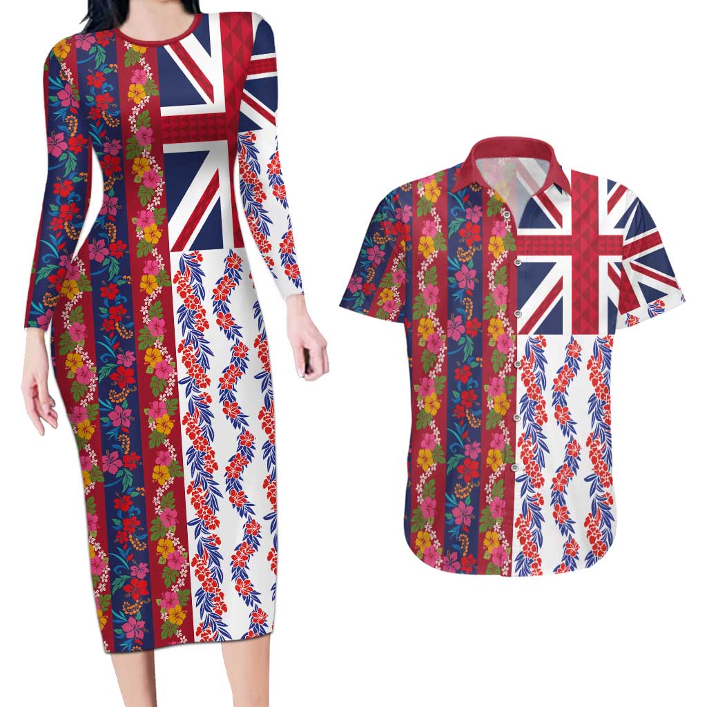 Hawaiian Lei Couples Matching Long Sleeve Bodycon Dress and Hawaiian Shirt National Flag Striped Style