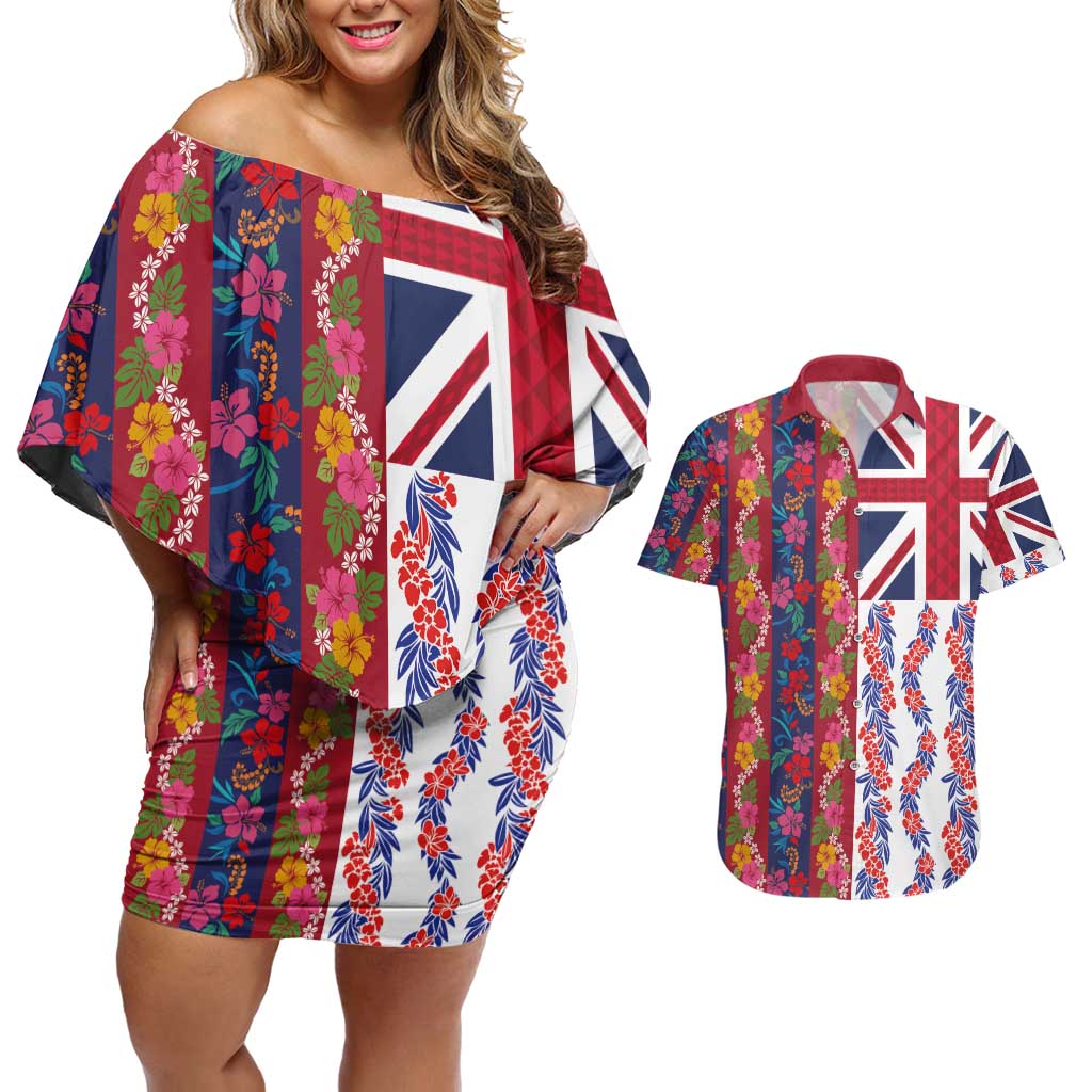 Hawaiian Lei Couples Matching Off Shoulder Short Dress and Hawaiian Shirt National Flag Striped Style