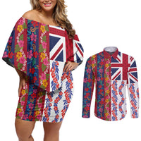 Hawaiian Lei Couples Matching Off Shoulder Short Dress and Long Sleeve Button Shirt National Flag Striped Style