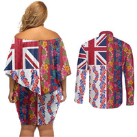 Hawaiian Lei Couples Matching Off Shoulder Short Dress and Long Sleeve Button Shirt National Flag Striped Style