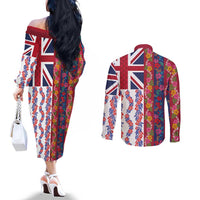 Hawaiian Lei Couples Matching Off The Shoulder Long Sleeve Dress and Long Sleeve Button Shirt National Flag Striped Style