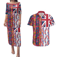 Hawaiian Lei Couples Matching Puletasi and Hawaiian Shirt National Flag Striped Style