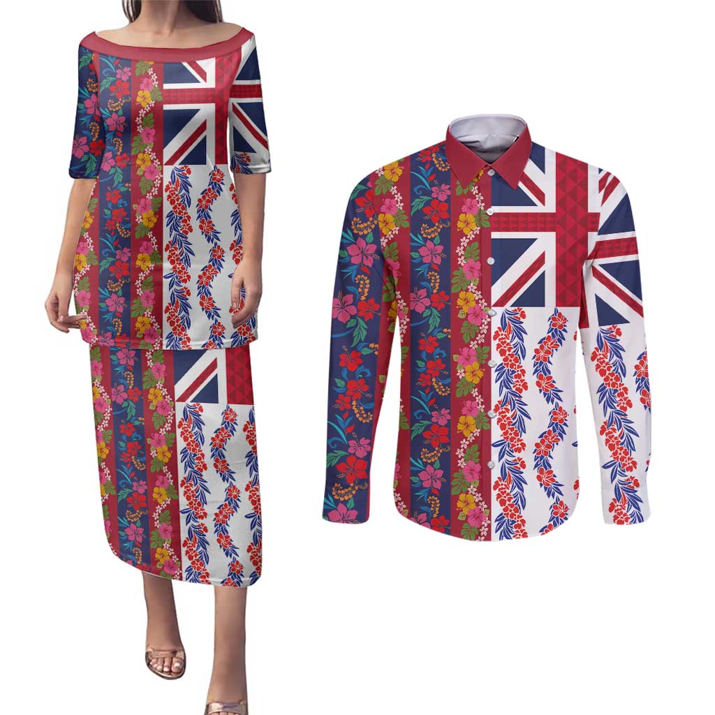 Hawaiian Lei Couples Matching Puletasi and Long Sleeve Button Shirt National Flag Striped Style