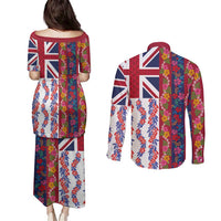 Hawaiian Lei Couples Matching Puletasi and Long Sleeve Button Shirt National Flag Striped Style