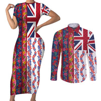 Hawaiian Lei Couples Matching Short Sleeve Bodycon Dress and Long Sleeve Button Shirt National Flag Striped Style